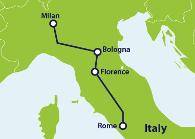 Map with train route Rome to Milan